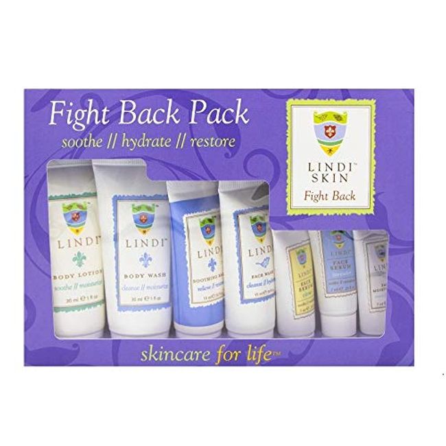 LINDI SKIN Fight Back Pack - Starter Kit That Includes Body Lotion, Body Wash, Citrus Face Serum, Lavender Face Serum, Face Moisturizer, Soothing Balm and Face Wash