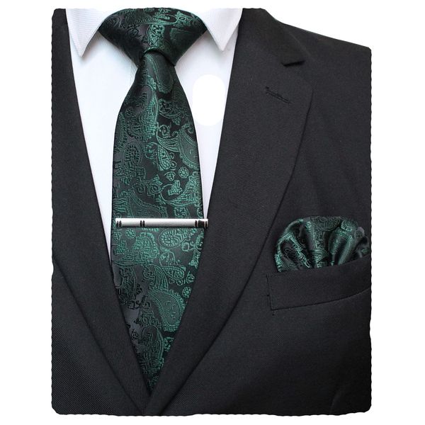 JEMYGINS Dark Green Paisley Tie Wedding Business Silk Necktie and Pocket Square, Hankerchief with Tie Clip Sets for Men(7)