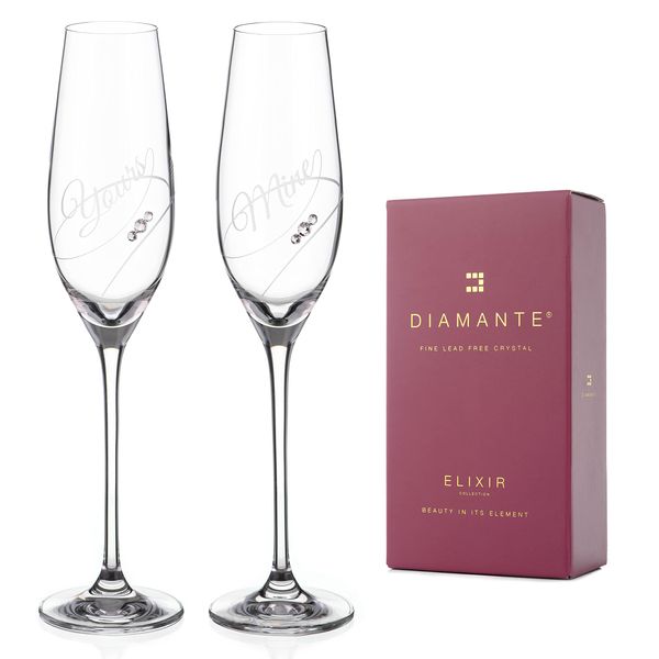 DIAMANTE Swarovski Crystal Champagne Flutes Prosecco Glasses - Yours & Mine - Set of 2