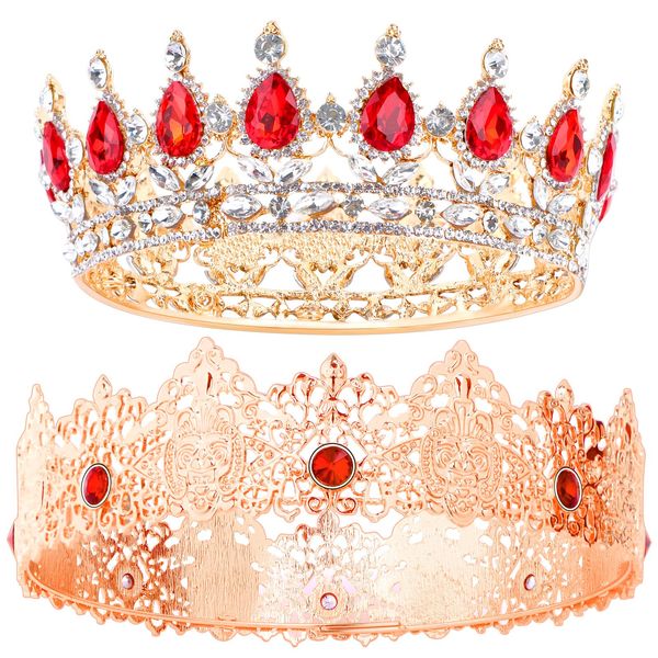 2 Pieces Antique Royal King Crown for Men Baroque Queen Crown for Wedding Birthday Women Crystal Tiara Prom Accessories Graduation Costume Party Hair Accessories