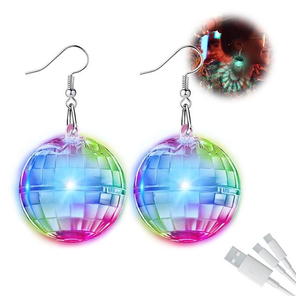 KBIBCK LED Ohrringe Disco Ball Ohrringe, Licht Projektion Licht Ohrringe, 16 verschiedene Farbmodi, Disco Ball Earrings für Wiederaufladbare LED Ohrringe, 60er 80er 70erJahre,Disco Ball Zubehör