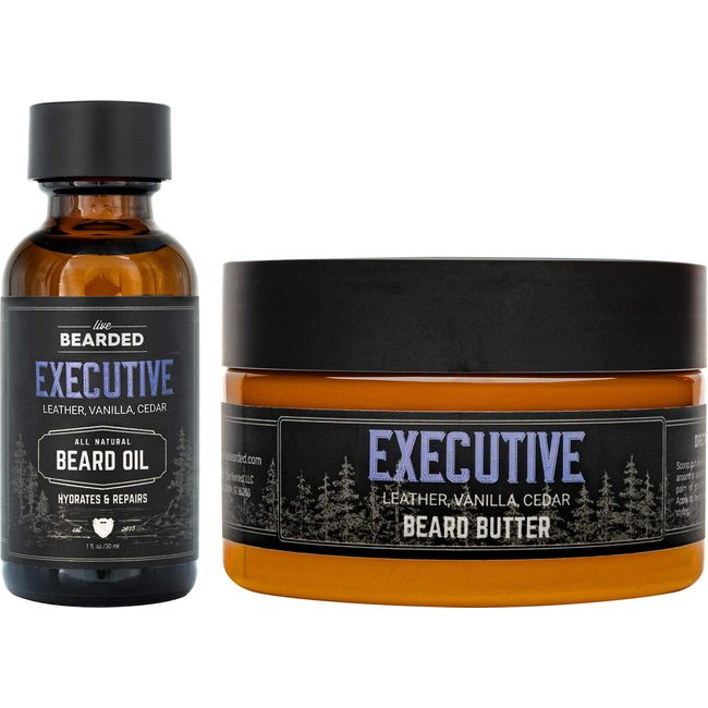 Live Bearded: Beard Oil and Beard Butter Grooming Kit - Executive - All-Natural Ingredients with Shea Butter, Argan Oil, Jojoba Oil and More - Beard Growth Support - Made in the USA