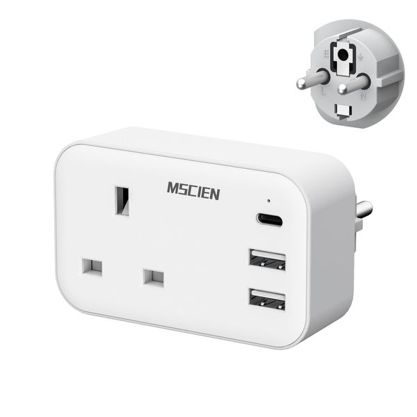 UK to European Plug Adapter with 3 USB, Travel Adapter Plug UK to EU Europe, Euro Schuko Grounded Charger for Germany France Spain Turkey Greece Iceland, Type E/F Plug Adaptor