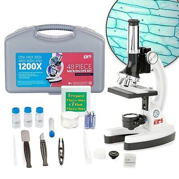 AMSCOPE 48pc Starter 120x-1200x Compound Microscope Science Kit for Kids (White)