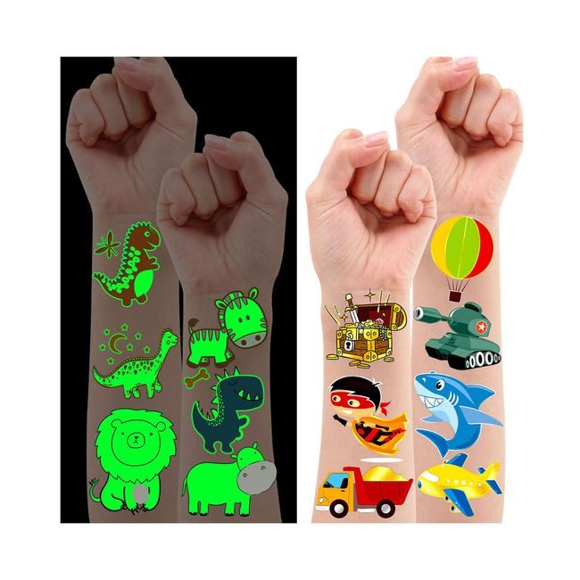 Leesgel Temporary Tattoos for Boys Kids, 79 Styles Luminous + Metallic Glitter Animal Dinosaur Tattoos for Boys Teens, Toys Gifts for Boys Children