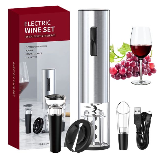 Weinöffner Elektrischer Korkenzieher, 5-in-1 Kabelloser Elektrischer Korkenzieher Set mit USB Kabel, Vakuumstopfen, Folienschneider, Weinbelüfter-Ausgießer für Christmas Partys (Silber)