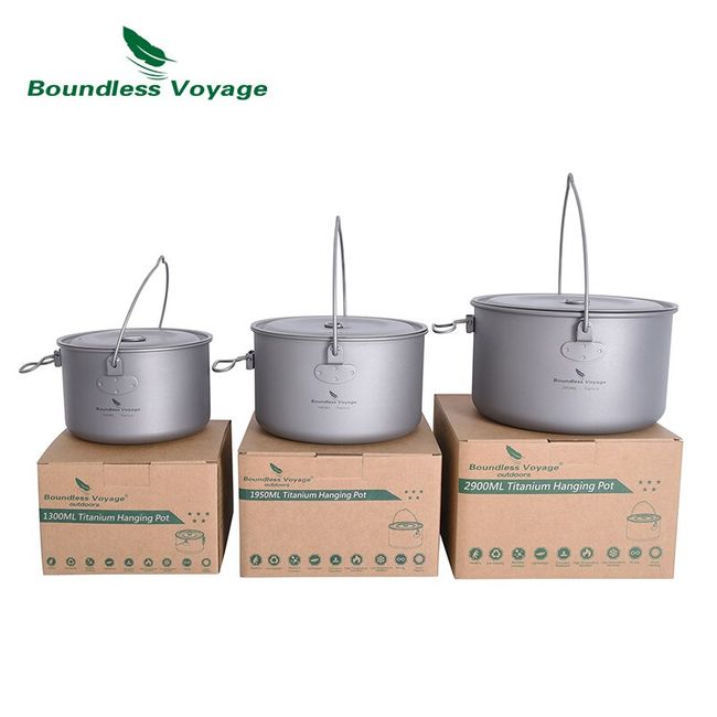 Boundless Voyage Outdoor Titanium Pot with Pan Set with Collapsible Folding  Handle for Outdoor Camping Cooking Hiking Backpacking Portable Cookware