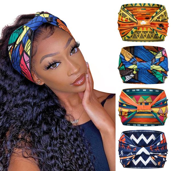 Huachi Wide Headbands for Women Boho Workout Head Bands for Women’s Hair African Knotted Non Slip Headwrap Turban Sport Yoga Girls Bandeau Hair Accessories (Pack of 4)