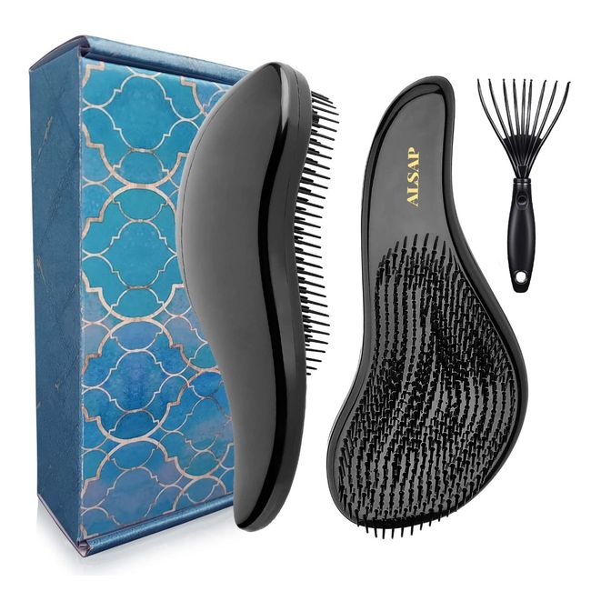 ALSAP Detangle Hair Brush With Hair Brush Cleaner (Black) – Ideal Hairbrush for Adults & Kids – Easy to Hold Wet Brush Suitable for Wet, Dry, Curly & Straight Hairs – Detangler Hair Brush Women & Men