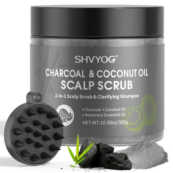 Scalp Scrub, SHVYOG Bamboo Charcoal Scalp Exfoliator, Coconut Oil Scalp Exfoliator Scrub for Build Up, Hair Treatment Nourishing Detox Hair Care with Scalp Massager, 10.58 oz