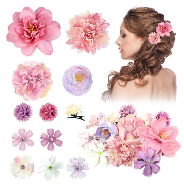 Harewu 12Pcs Silk Flower Hair Decorations Clips,Roses Flower Headdress Clips,Bridal Wedding Corsage and Headdress,Beach Party Hair Clips Accessories (Pink and Purple)