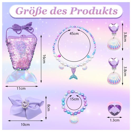 Scettar 7 Piece Mermaid Children's Jewellery Set Girls, Jewellery Box Small, Mermaid Fin Girls Bag, Necklaces, Earrings, Bracelets, Rings, Gifts for Girls from 3 Years, Plastic, resin, No