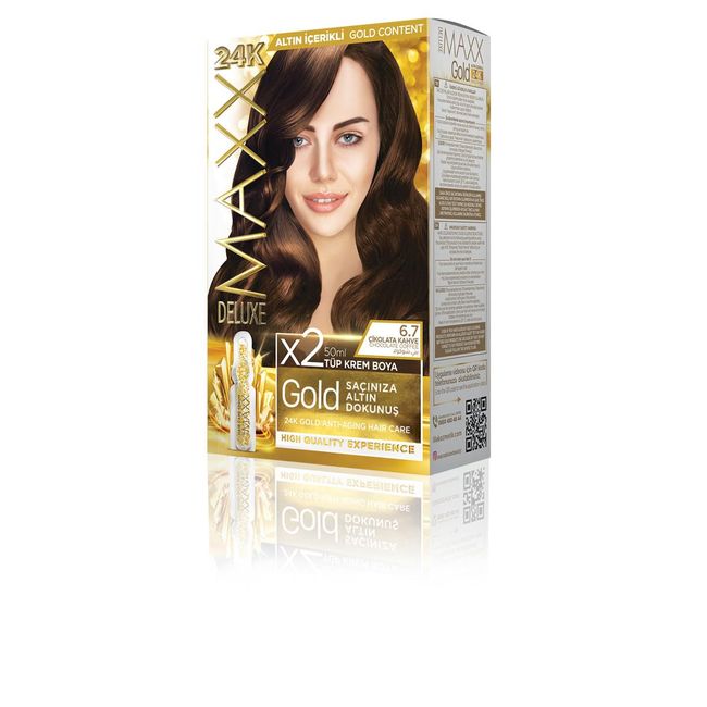 MAXX DELUXE Gold serisi 24K Altın Parçacıklı Serum ile 1 Kutu 2 x 50 ml ve Geliştiriciler Saç Boyası (ÇİKOLATA KAHVE 6.7)