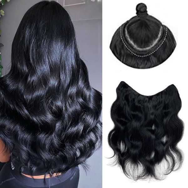 Body Wavy Black Clip in Hair Extensions Real Human Hair,Jet Black Double Weft 18inch 100% Real Hair Extensions Clip ins Jet Black One Piece with 5 Clips 3/4 Full Head Extensions for Short Hair