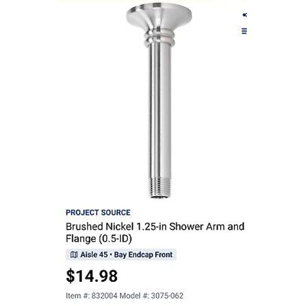 AquaSource Ceiling Wall Mount Shower Arm 0832004 Chrome Finish New Open Box