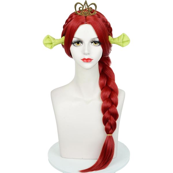 Long Red Braid Princess Wig + Crown Hair Comb + Wig Cap Pre-styled Red Wigs Synthetic Fiber Hair for Women Halloween Party