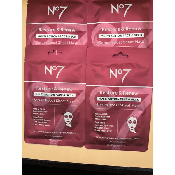 4 PK No7 Lift & Luminate Restore & Renew Triple Action Serum Boost Sheet Mask