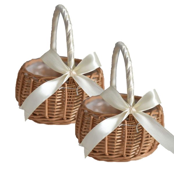 ASSR 2PCS Wedding Flower Girl Basket Set,Wicker Rattan Flower Basket with Handle,Petal Basket Candy Storage Basket ,Rattan Box Home Decoration,White,5.9x7.5 in(210209HT07-12#WSW98)