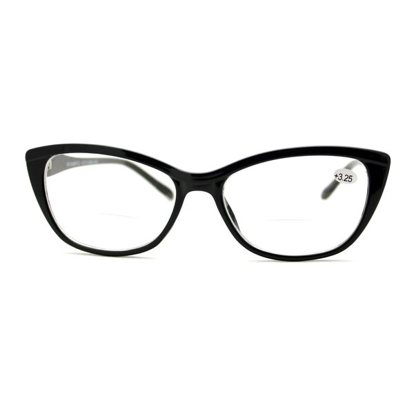 Clear Lens Glasses With Bifocal Reading Lens Womens Rectangular Cateye Black +2.5