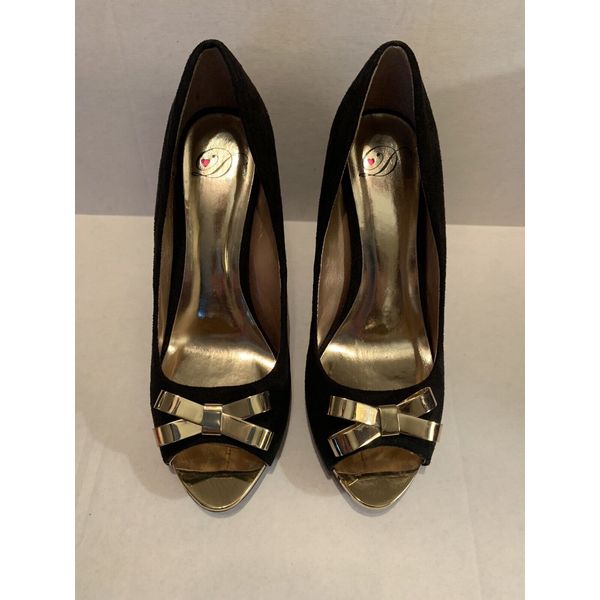 Delicious Black Pumps With Gold Bow High Heels Peep Toe Womens Size 9