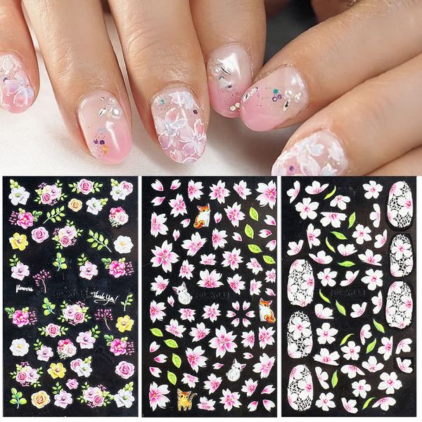 LANODO Nail Stickers, 3 Pieces, 5D, Spring Nail Sticker Set, Flowers, Grass, DIY, Multiple Styles, Beautiful