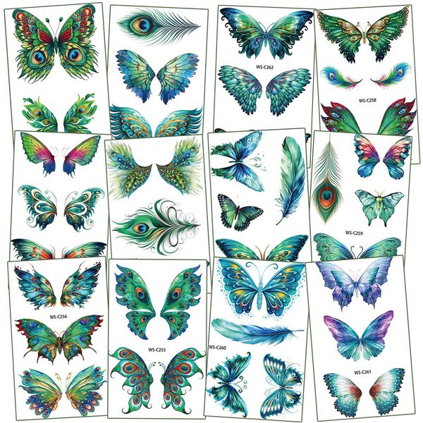 Qpout 12 Sheets Peacock Butterfly Temporary Tattoos,Feather Wings Face Tattoos Sticker for Girls Women Eye Makeup Body Art Party Supplies Princess Birthday Fairy Party Favors Gifts Bags Filler