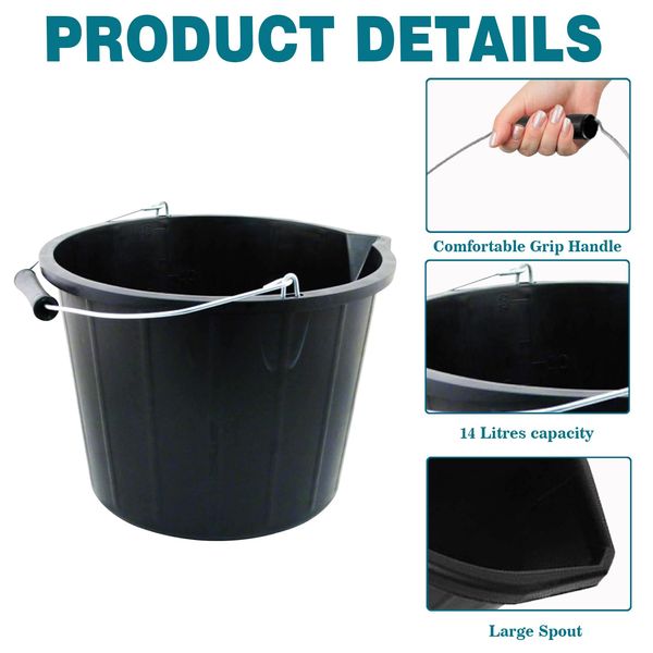 (𝐒𝐞𝐭 𝐨𝐟 𝟒) 14 Litre Plastic Builders Buckets 3 Gallon Water Storage Cement Mixing Bucket with Strong Metal Handle Construction Animal Feeding Car Wash Cleaning Bucket For Home Garden (Black)