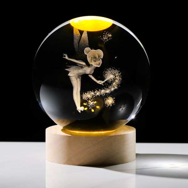 Arikyrist 3D Fairy Crystal Ball Lamp Figurine with Wooden Base, Laser Engraved Fairy Figurines Home Decor, Fairy Crystal Ball Night Light Gifts for Women Glass Sphere Paperweight