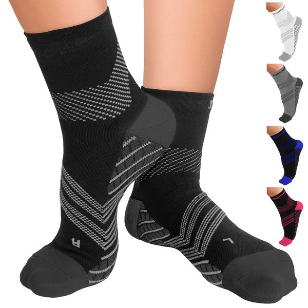 TechWare Pro Compression Socks - Therapy Grade Plantar Fasciitis Sock with Targeted Cushion & Ankle Compression Socks for Men & Women. Arch, Ankle & Foot Support Socks. Blk/Gry Large