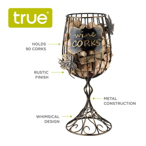True Wine Glass Cork Holder, Decorative Wine Cork Storage and Decor, Set of 1, Rustic Bronze Finish