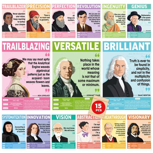 15 Pcs Famous Mathematicians Posters for Classroom Decor 15.7 x 11 Inch Inspirational Quote Math Bulletin Board Posters Math Wall Art Decorations for Elementary Middle High Back to School Library Room
