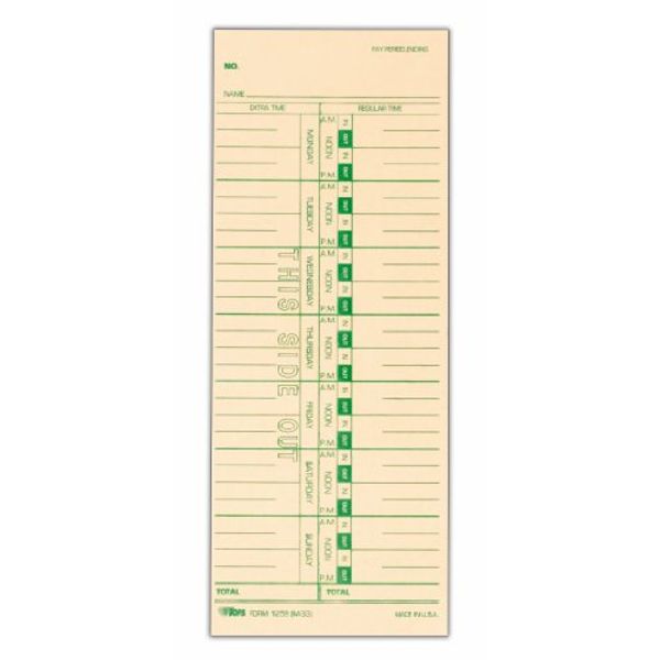 TOPS Time Cards, Weekly, 1-Sided, 3-1/2" x 9", Manila, Green Print, 500-Count (1259)