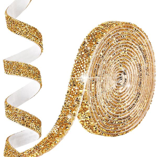 SOFPLATE 3 Yards Harz Strassbänder Selbstklebende Diamantrolle Goldene Bling Glitzer Kristallstreifen Aufkleberband Glänzender Strassbesatz Zum Basteln Kunst Heimwerken Hochzeit Weihnachten Party Klei