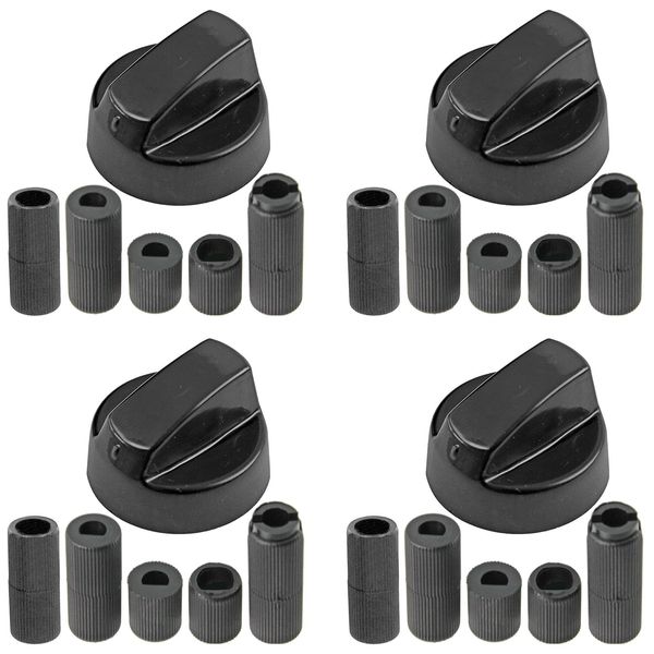 SPARES2GO Control Knobs Dials for BBQ Grill (Pack of 4 + Adaptors, Black)