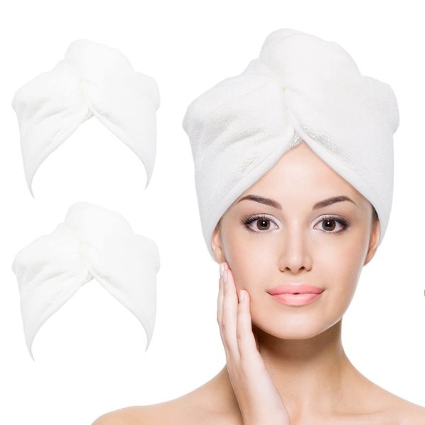 YoulerTex Microfiber Hair Towel Wrap for Women, 2 Pack 10 inch X 26 inch, Super Absorbent Quick Dry Hair Turban For Drying Curly, Long & Thick Hair (White)