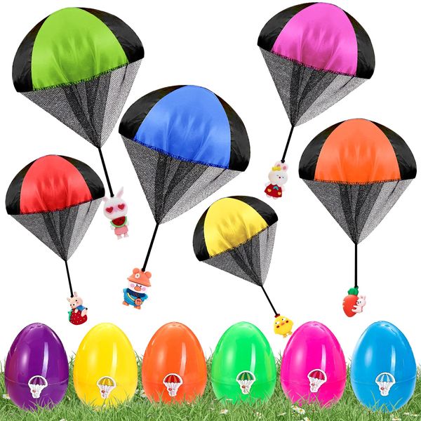 pynogeez 6 Pack Easter Eggs with Easter Parachute Toys Throwing Toy for Kids Boys Girls Easter Basket Stuffers Fillers Gifts Party Favors