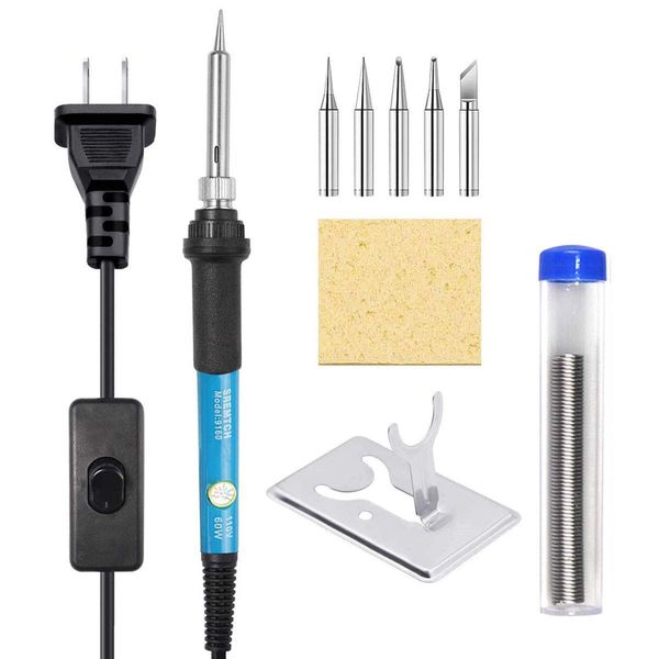 SREMTCH Soldering Iron Set, On/Off Switch, Temperature Adjustable, 60 - 450 °C, 9-in-1 60W/110 V, 5 Soldering Iron Tips, 0.4 oz (10 g) Soldering Iron Included, For Electronic Work and Electrical DIY,