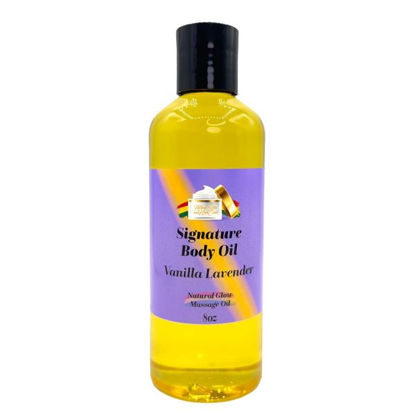 Vanilla Lavender Signature Body Oil, 8oz Natural Glow Massage Oil for Soft Rejuvinated Skin, Aloe Vera, Vitamin E, Argan Oil, Golden Jojoba Oil, Rosehip Oil, Dry Skin Moisturizer Black Lavish Essentia