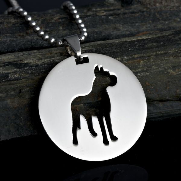 Stainless Steel Round Shape Great Dane Silhouette Gentle Giant Deutsche Dogge German Mastiff Pet Dog Tag Collar Jewelry Charm Pendant Necklace