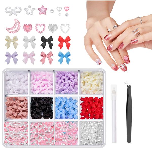 3D Nail Charms,500pcs Multicolor Mix Shapes Bow Nail Charms,Cute Pearl Heart Star Moon Bowknot Rhinestones Nail Gems,Nail Art Charms with Tweezers Pickup Tool