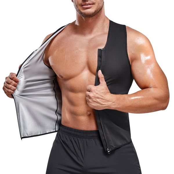 Bingrong Herren Sauna Weste Bauchweggürtel Sauna Shirt Schwitzweste Fitness Thermo Body Shaper Sauna Effekt Bauchweg Tank Top Herren Saunaweste Kompression Shirt mit Reißverschluss