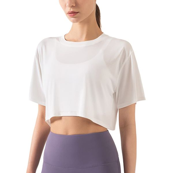 Damen Fitness Trainieren Crop-Tops Kurzarm Yoga T-Shirts Sportlich Betrieb Sport-Shirts Weiß M