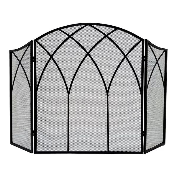 Gothic Fireplace Screen 3 Panel Handles Steel Black Gate Protector Accessory