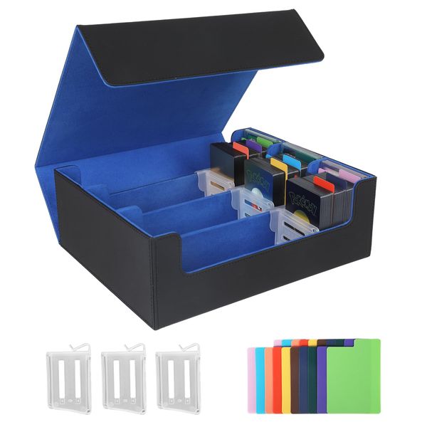 STYLIFING Card Storage Box for Trading Cards, 1800+ MTG Deck Box with Card Supporters & Divider Tabs, PU Leather Magnetic Closure Card Deck Case Fit for YuGiOh, TCG and Sport Cards (Black & Blue)