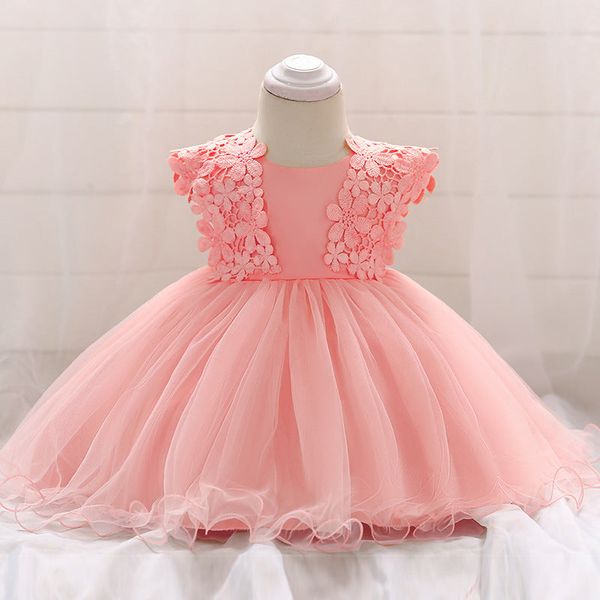 Baby Girl Floral Patched Graphic Mesh Tutu Dress Birthday Baptism Dress - 73 (6-9M) / Pink