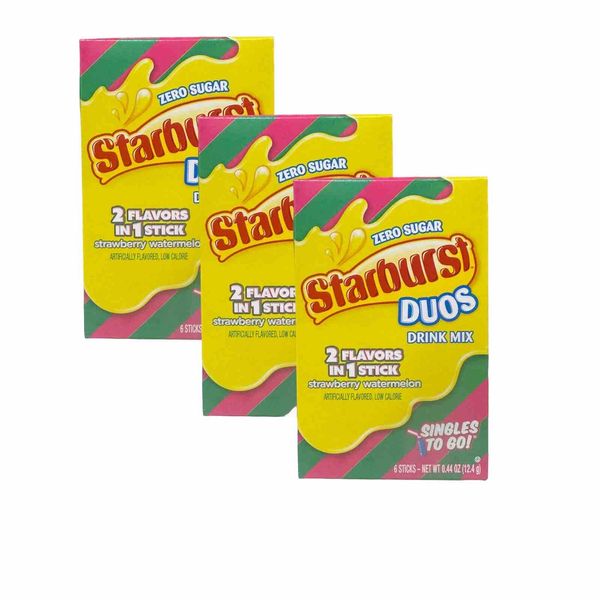 Starburst DUOS Singles To Go Drink Mix 3 BOXES (18 Packets)
