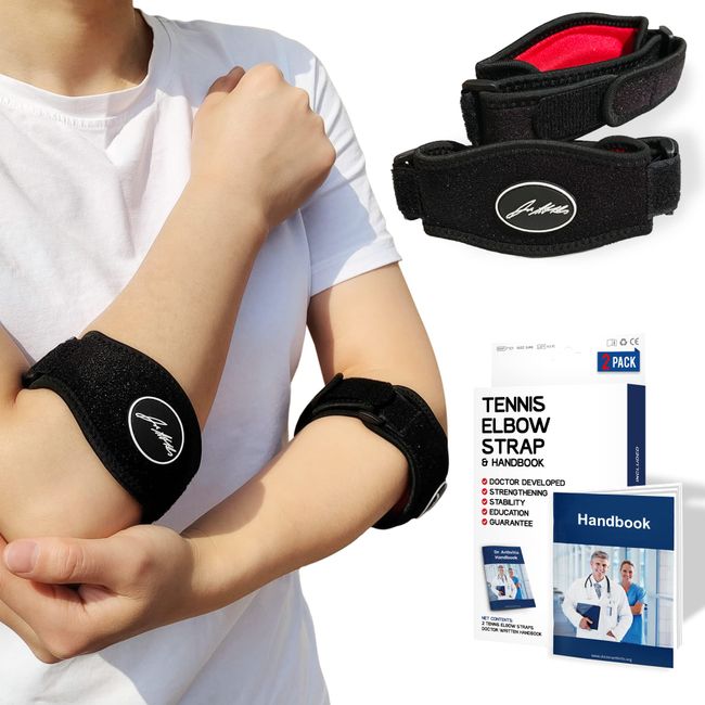 Tennis Elbow Support Strap with Doctor Handbook - Reliable Elbow Support for Men & Women - Adjustable Elbow Brace for Daily Wear, Gym, Sports, Rapid Pain Relief from Tendonitis (Pair, Black)