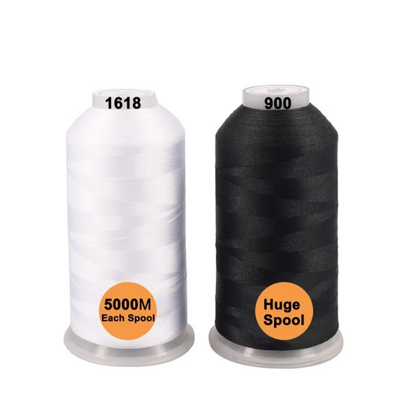 New brothread Set of 2 (White + Black) Polyester Machine Embroidery Thread Huge Spool 5000M for All Embroidery Machines