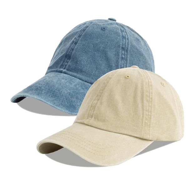 LANGZHEN Unisex Baseball Cap 100% Cotton Fits Men Women Washed Denim Adjustable Dad Hat(Denim Blue+Khaki,One Size)