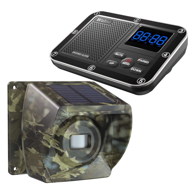 Solar Driveway Alarm Wireless Outside 1800ft Range, Outdoor Motion Sensor & Detector Driveway Alert System with Rechargeable Battery/Weatherproof/Mute Mode (1&1-Camouflage)